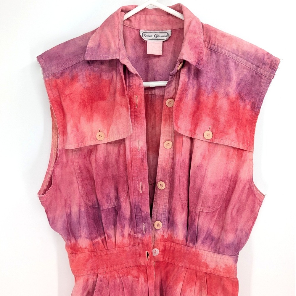 Saint Germain Paris Pink Purple TieDye Cotton Sleeveless Jumpsuit Vintage 80s XS